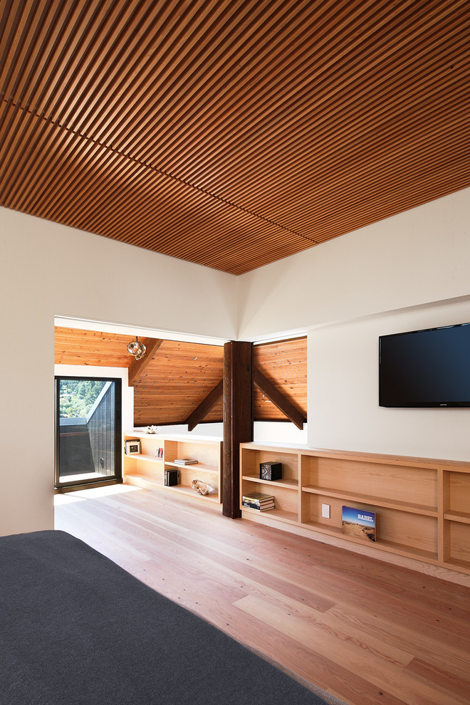 طراحی اتاق خواب بزرگ و مدرن با کفپوش چوبی روشن و قهوه‌ای، دیوارهای سفید و بدون شومینه